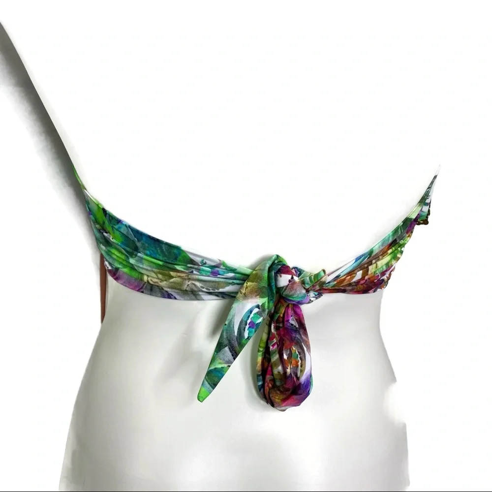 Pily Q Lanai Embroidered Ruffle Bandeau Bikini Top Size D Cup ties in Back NEW